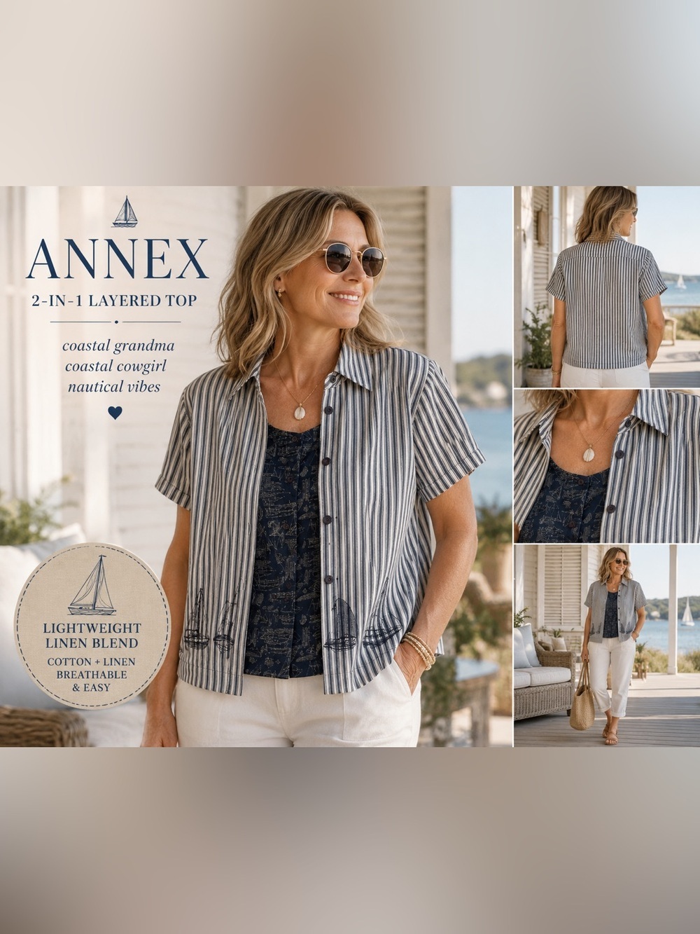 Annex Coastal 2-in-1 Sailboat Linen Blend Button-Up Top XL Petite Nautical